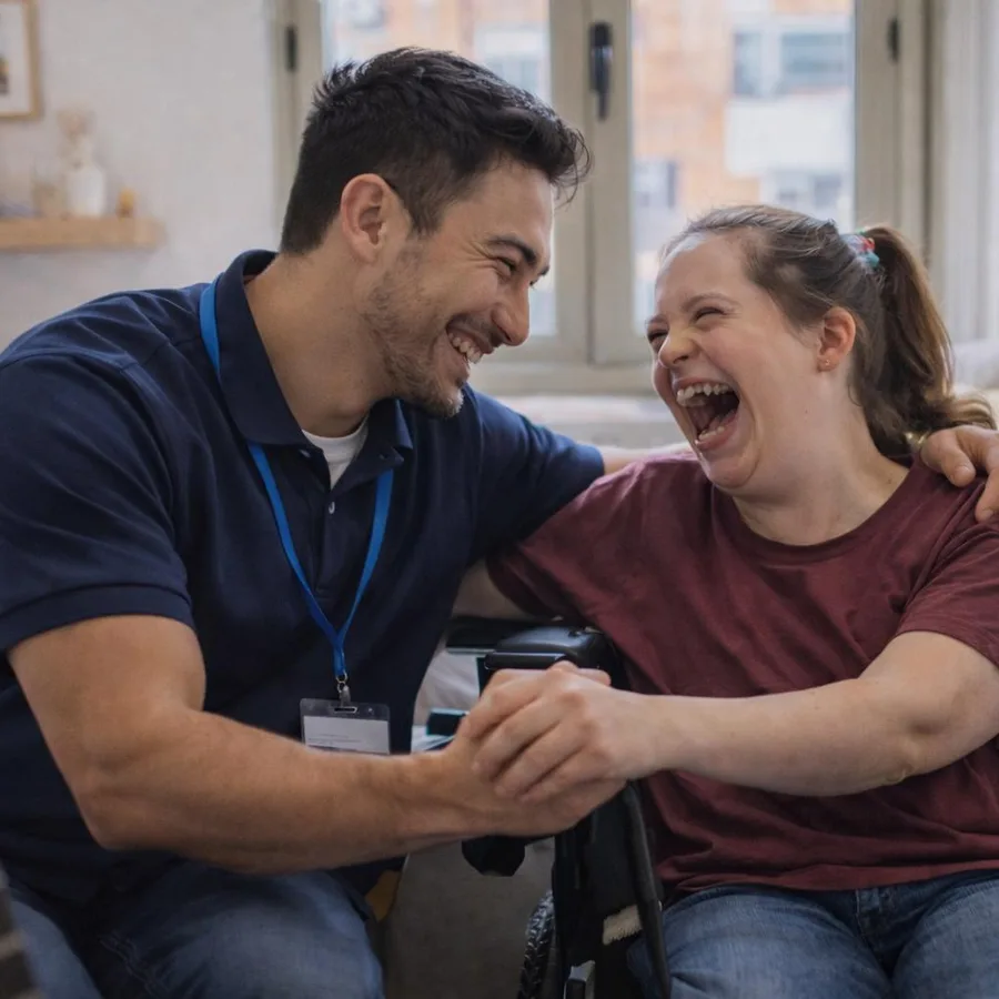 A support worker and a participant sharing a laugh together at home.
